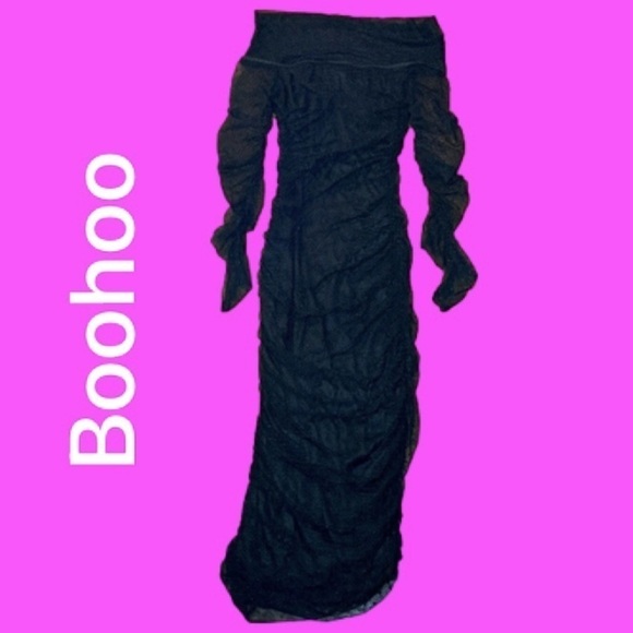 🌷 Boohoo🌷 Black Long Sheer Lace Sleeve Overlay Off Shoulder Dress - Picture 2 of 10